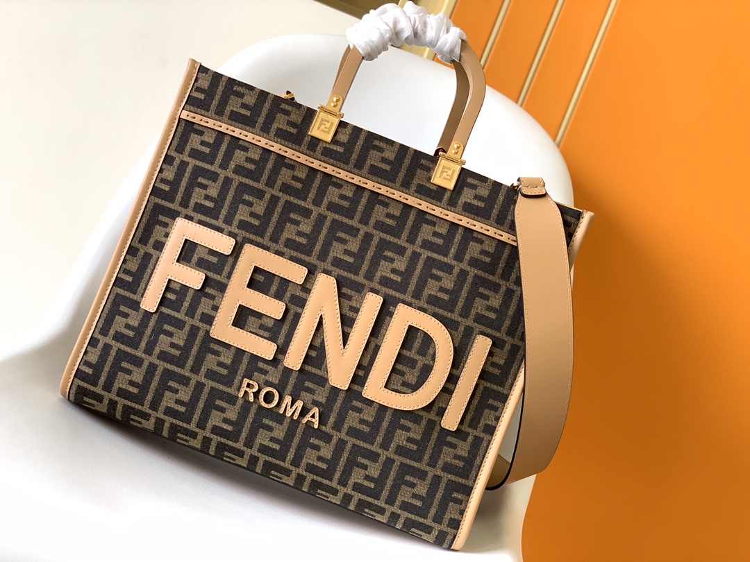 Fendi Medium Sunshine Shopper Brown FF Jacquard Fabric Bag